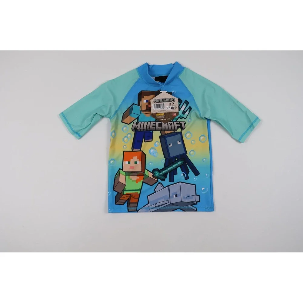 Minecraft Swimsuit Rash Guard Trunks Set Blue Character Print Size 7/8 NWT